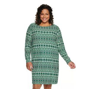 Green Nightgown 2X GEOMETRIC Print Long Sleeve Slinky Midlength Poly Spandex NWT